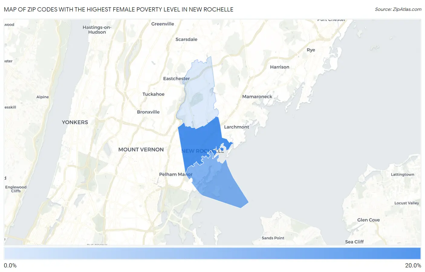 Zip Codes with the Highest Female Poverty Level in New Rochelle Map