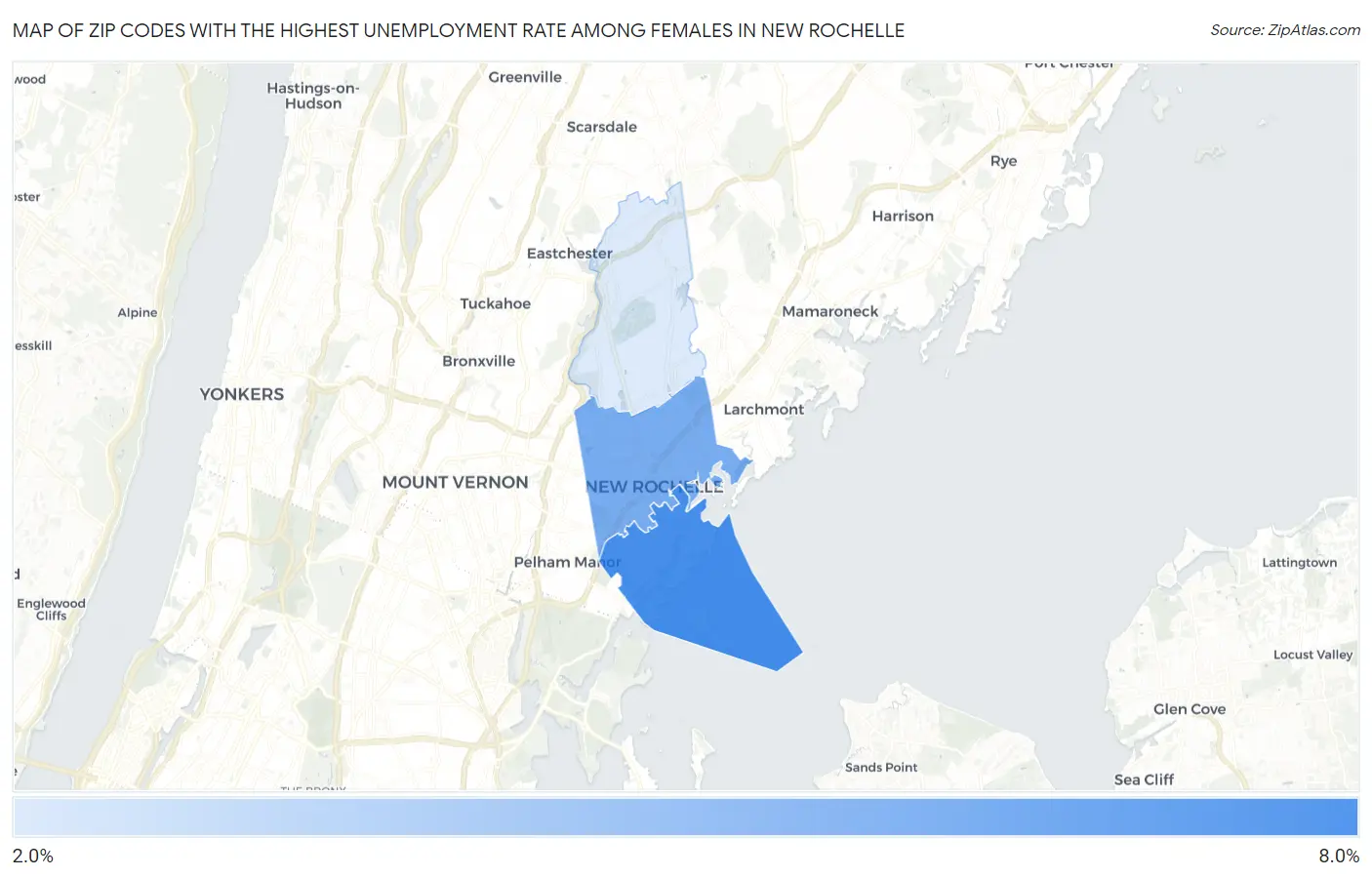 Zip Codes with the Highest Unemployment Rate Among Females in New Rochelle Map