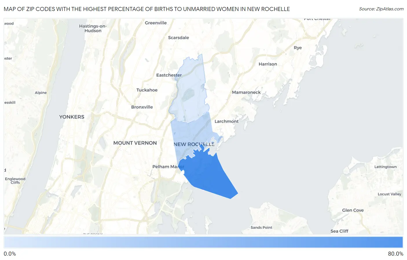 Zip Codes with the Highest Percentage of Births to Unmarried Women in New Rochelle Map