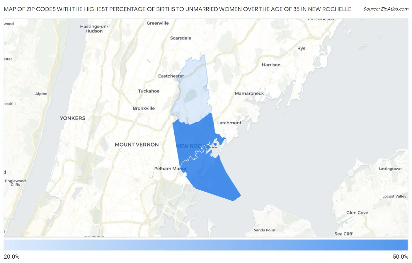 Zip Codes with the Highest Percentage of Births to Unmarried Women over the Age of 35 in New Rochelle Map