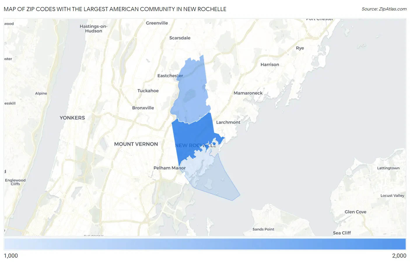 Zip Codes with the Largest American Community in New Rochelle Map