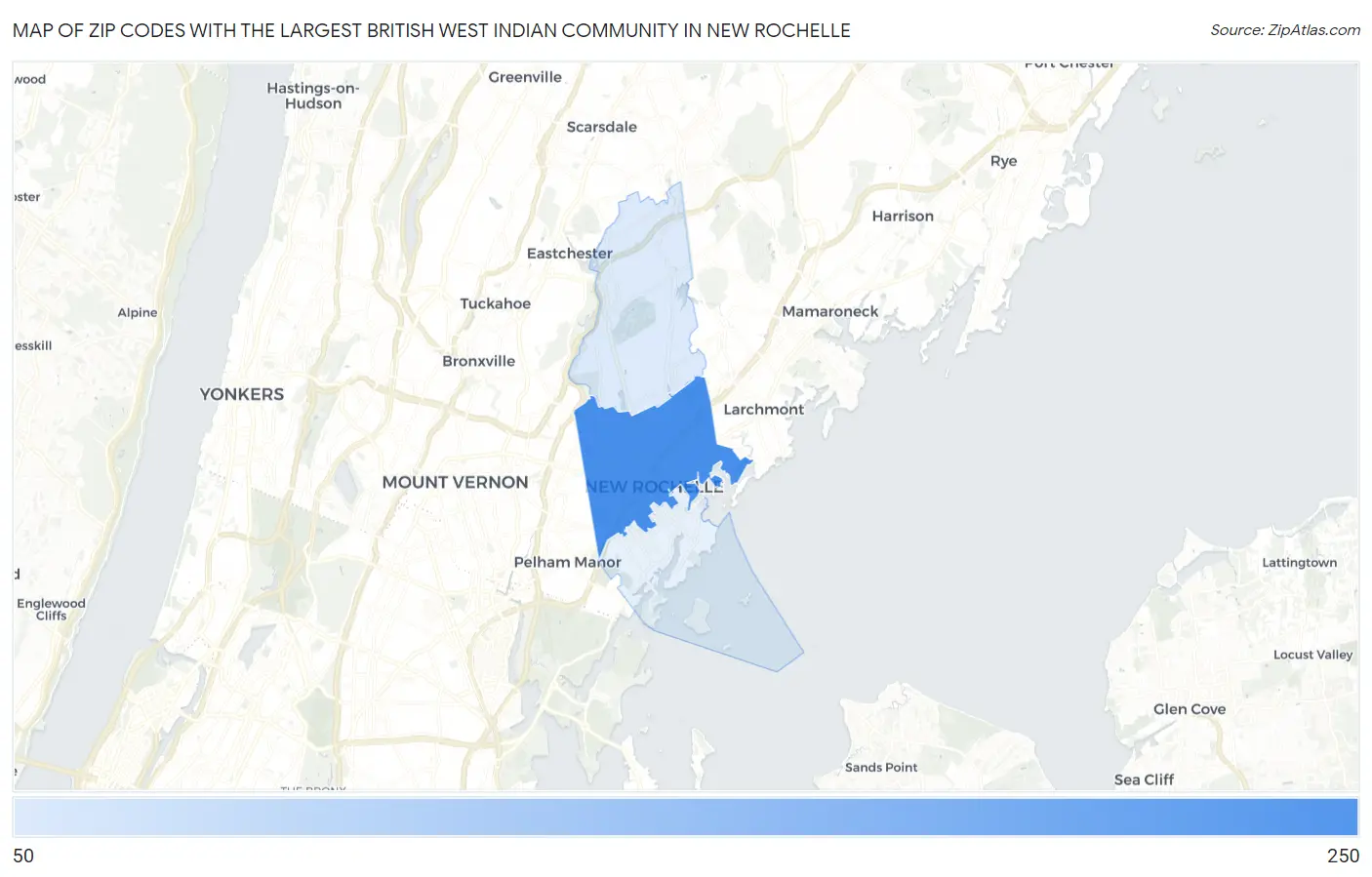 Zip Codes with the Largest British West Indian Community in New Rochelle Map