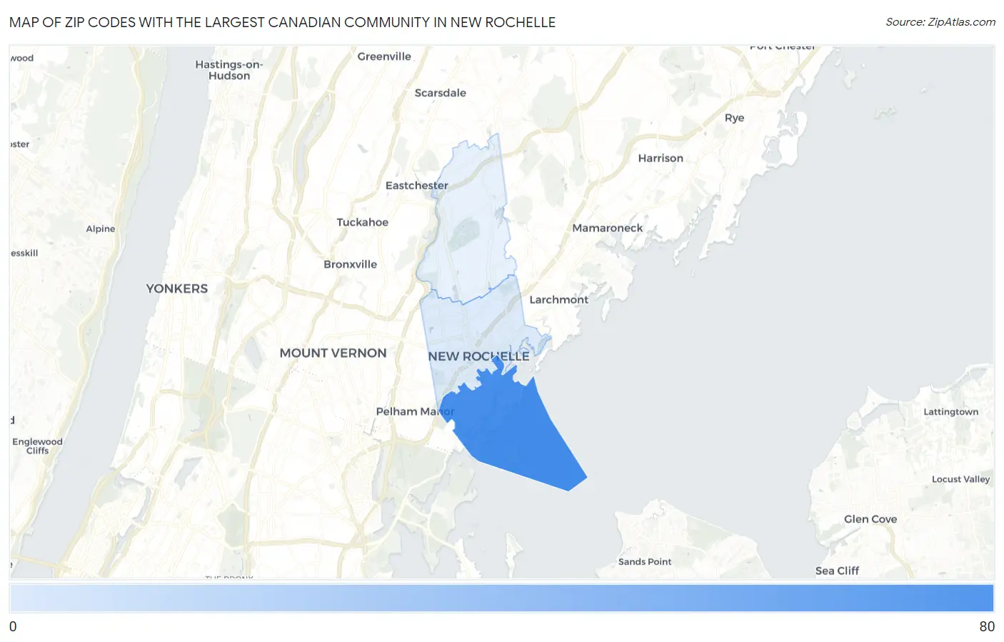 Zip Codes with the Largest Canadian Community in New Rochelle Map