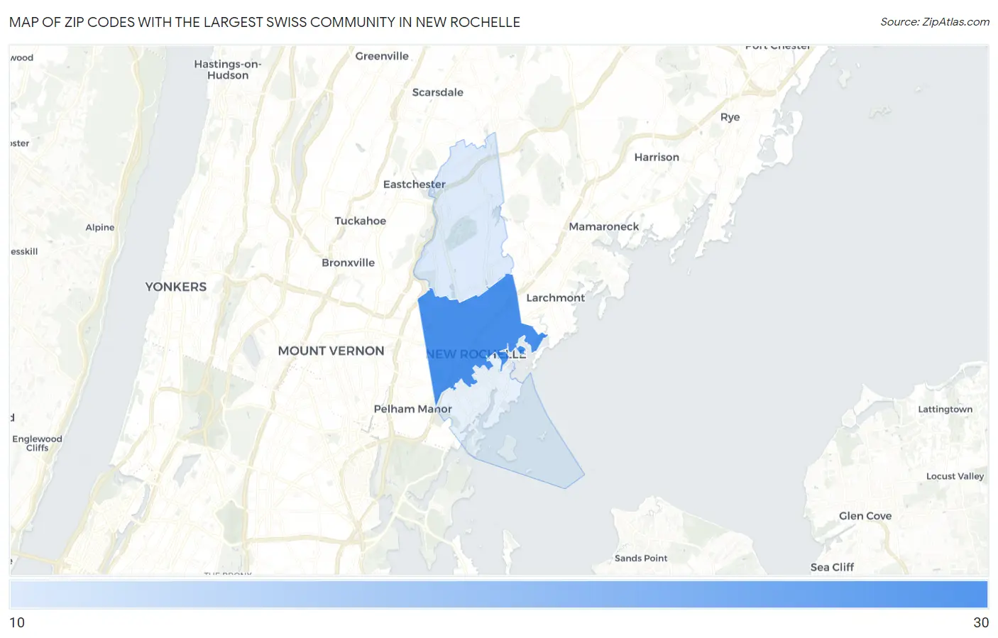 Zip Codes with the Largest Swiss Community in New Rochelle Map