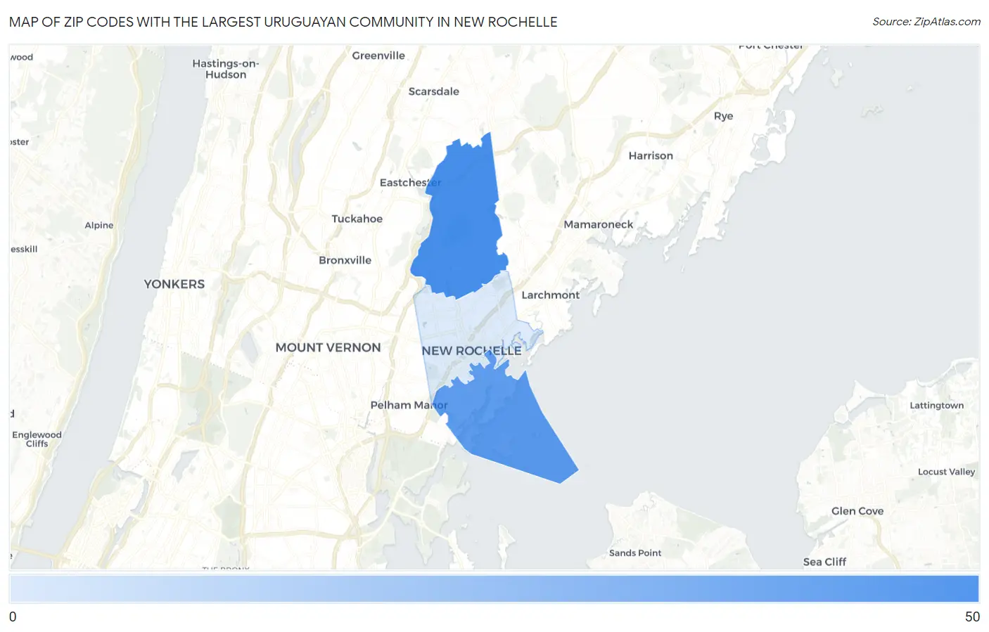 Zip Codes with the Largest Uruguayan Community in New Rochelle Map