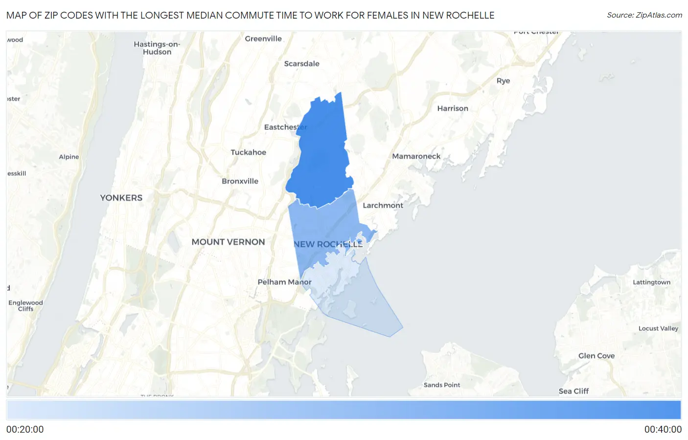 Zip Codes with the Longest Median Commute Time to Work for Females in New Rochelle Map
