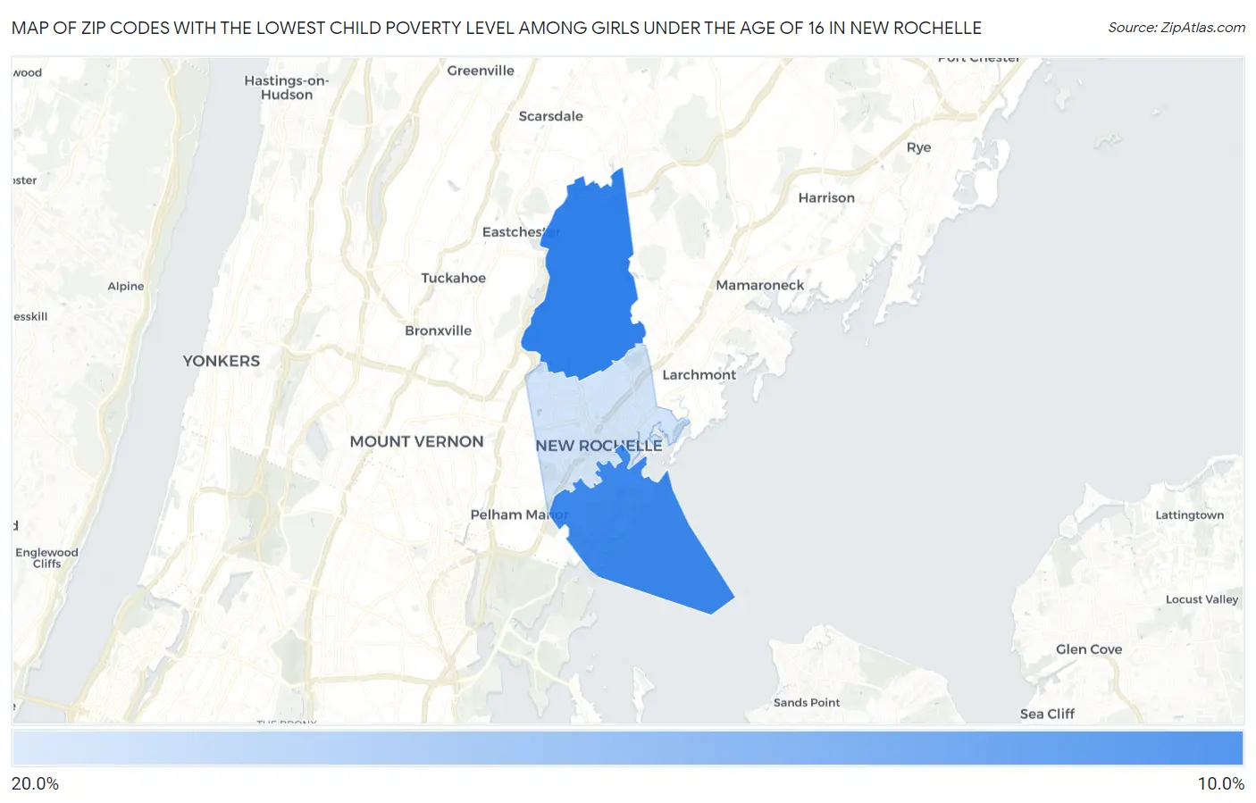Zip Codes with the Lowest Child Poverty Level Among Girls Under the Age of 16 in New Rochelle Map