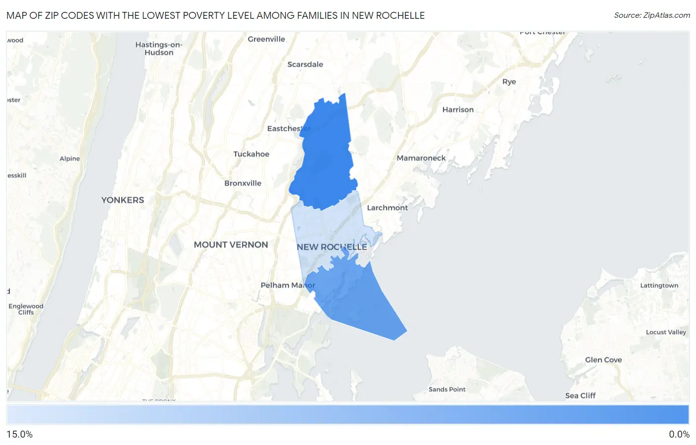 Zip Codes with the Lowest Poverty Level Among Families in New Rochelle Map