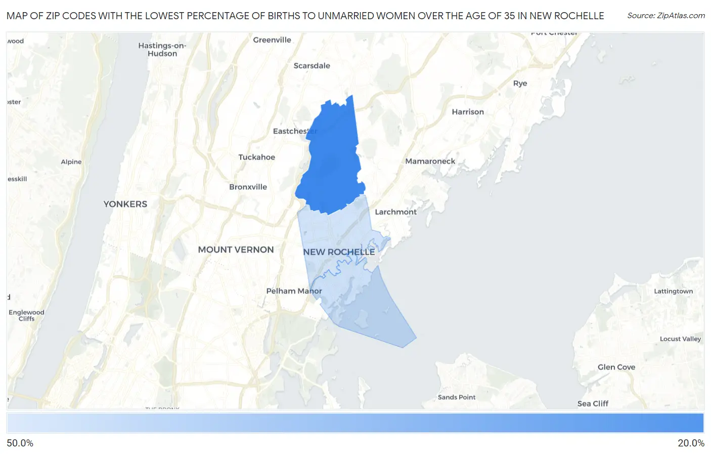 Zip Codes with the Lowest Percentage of Births to Unmarried Women over the Age of 35 in New Rochelle Map