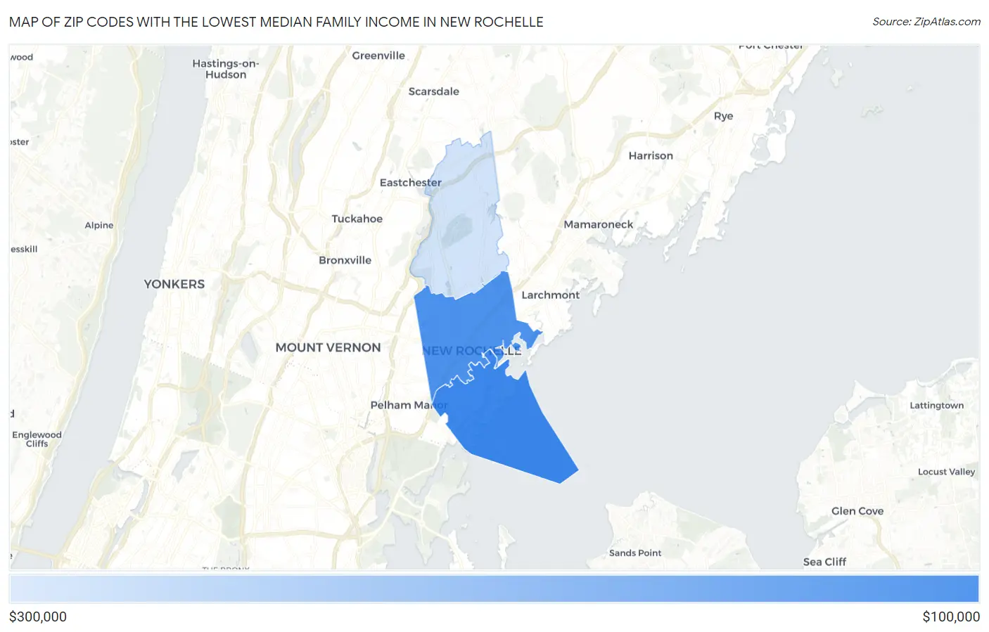 Zip Codes with the Lowest Median Family Income in New Rochelle Map