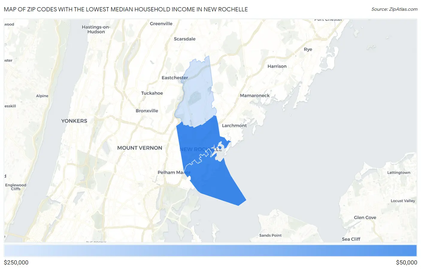 Zip Codes with the Lowest Median Household Income in New Rochelle Map