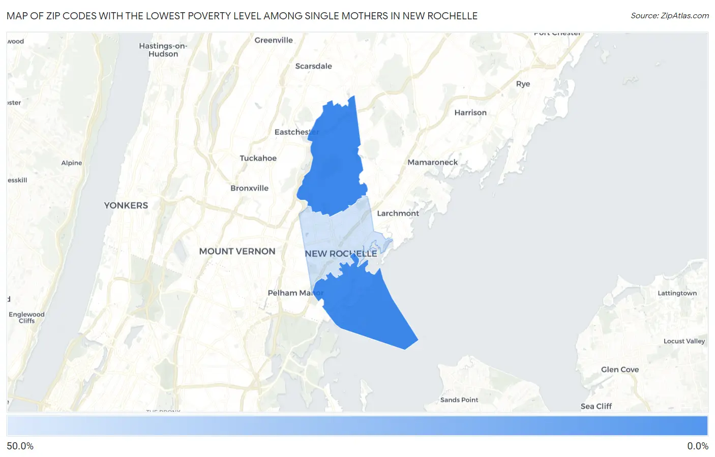 Zip Codes with the Lowest Poverty Level Among Single Mothers in New Rochelle Map