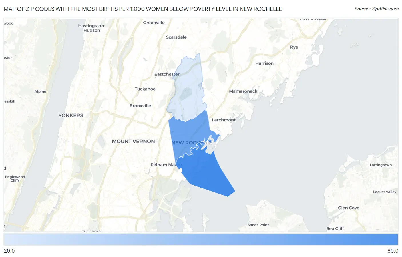 Zip Codes with the Most Births per 1,000 Women Below Poverty Level in New Rochelle Map