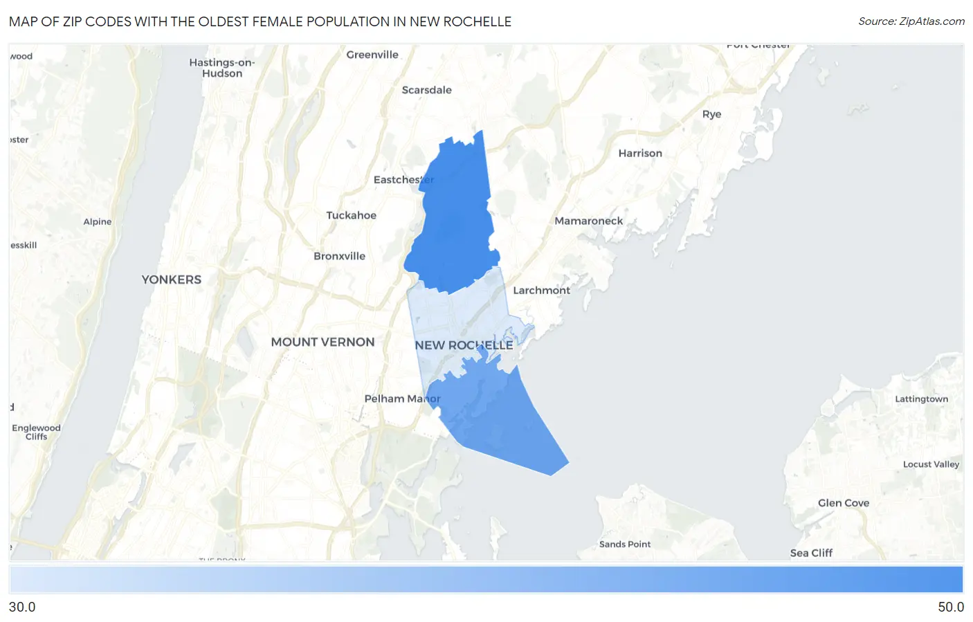Zip Codes with the Oldest Female Population in New Rochelle Map