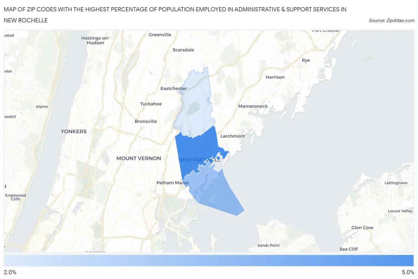 Zip Codes with the Highest Percentage of Population Employed in Administrative & Support Services in New Rochelle Map