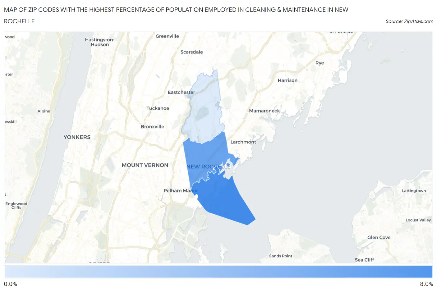 Zip Codes with the Highest Percentage of Population Employed in Cleaning & Maintenance in New Rochelle Map