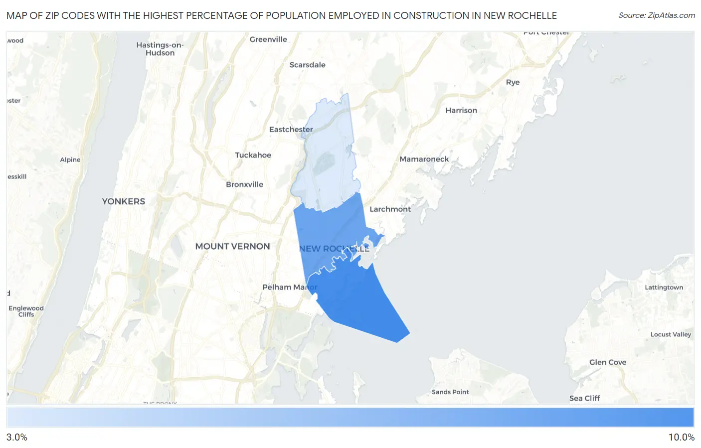 Zip Codes with the Highest Percentage of Population Employed in Construction in New Rochelle Map