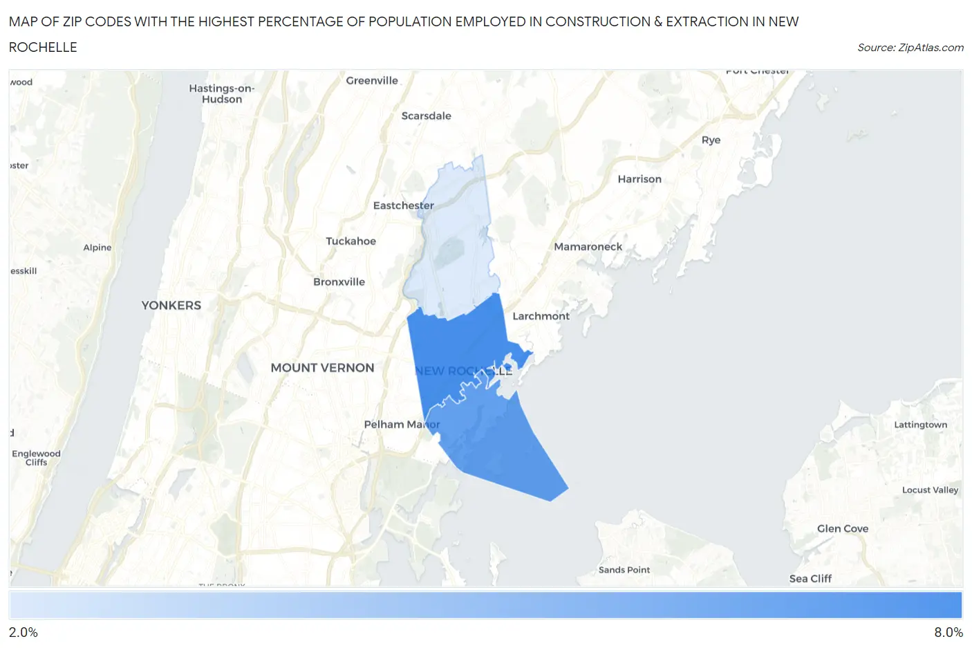 Zip Codes with the Highest Percentage of Population Employed in Construction & Extraction in New Rochelle Map
