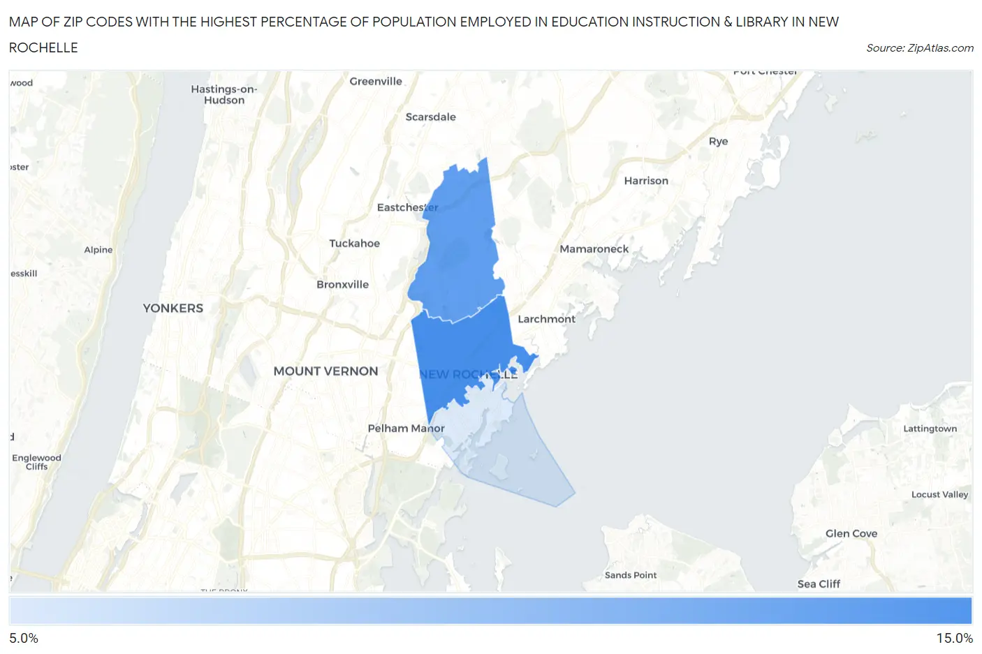 Zip Codes with the Highest Percentage of Population Employed in Education Instruction & Library in New Rochelle Map