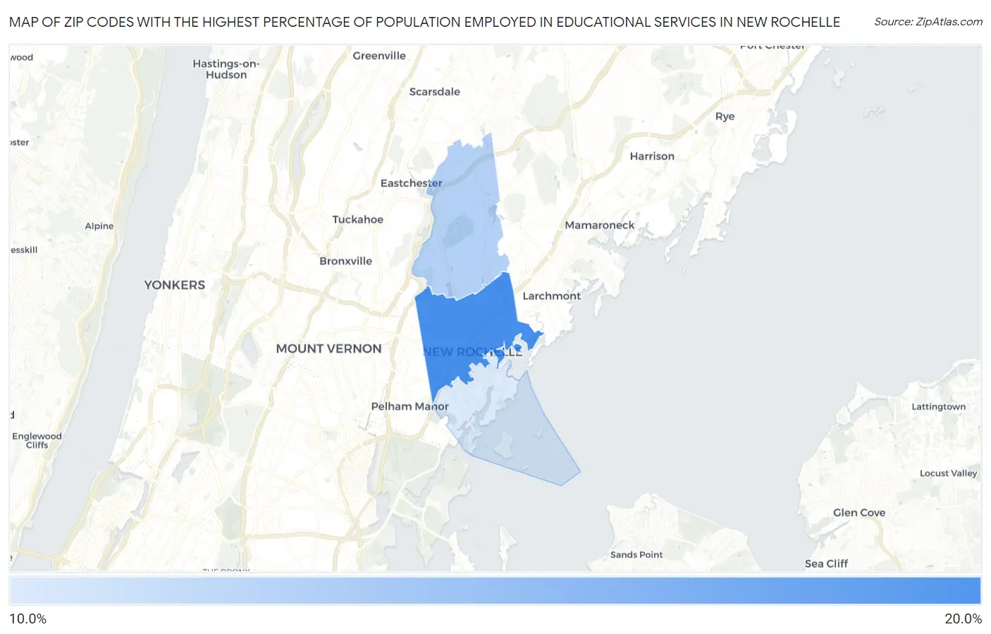 Zip Codes with the Highest Percentage of Population Employed in Educational Services in New Rochelle Map