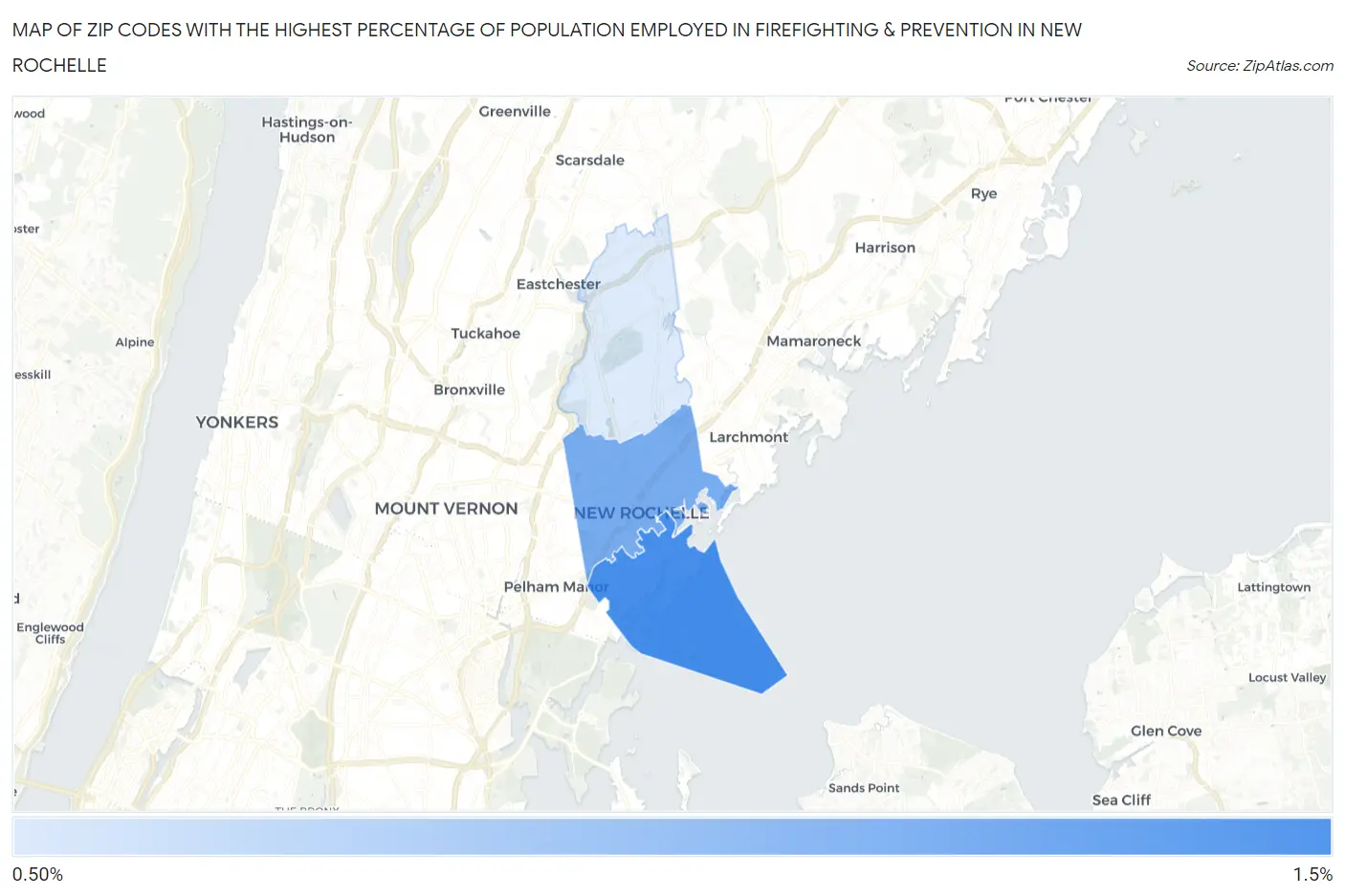 Zip Codes with the Highest Percentage of Population Employed in Firefighting & Prevention in New Rochelle Map