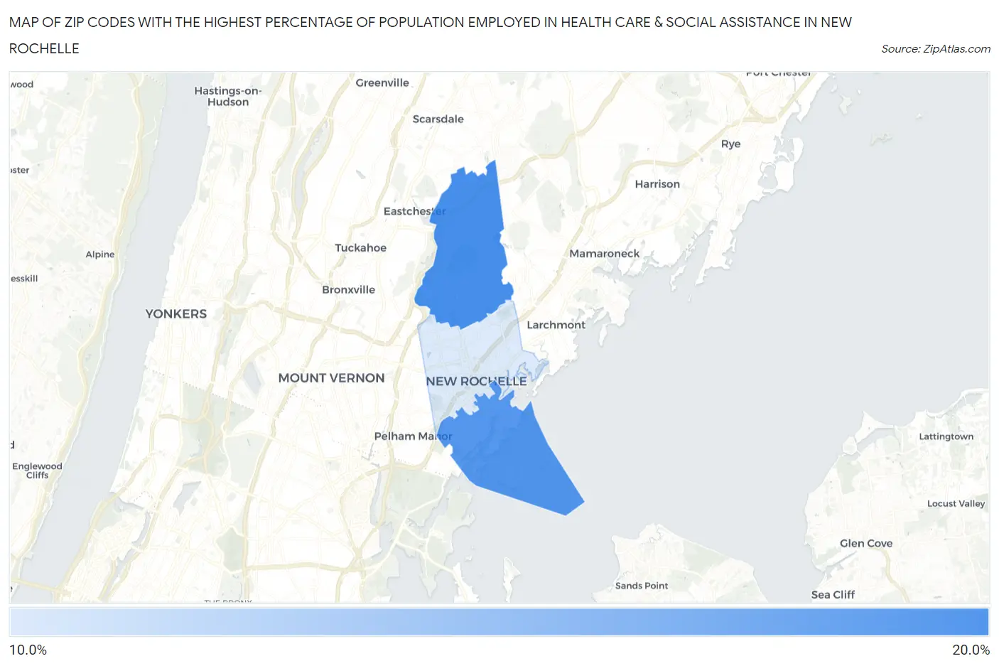 Zip Codes with the Highest Percentage of Population Employed in Health Care & Social Assistance in New Rochelle Map