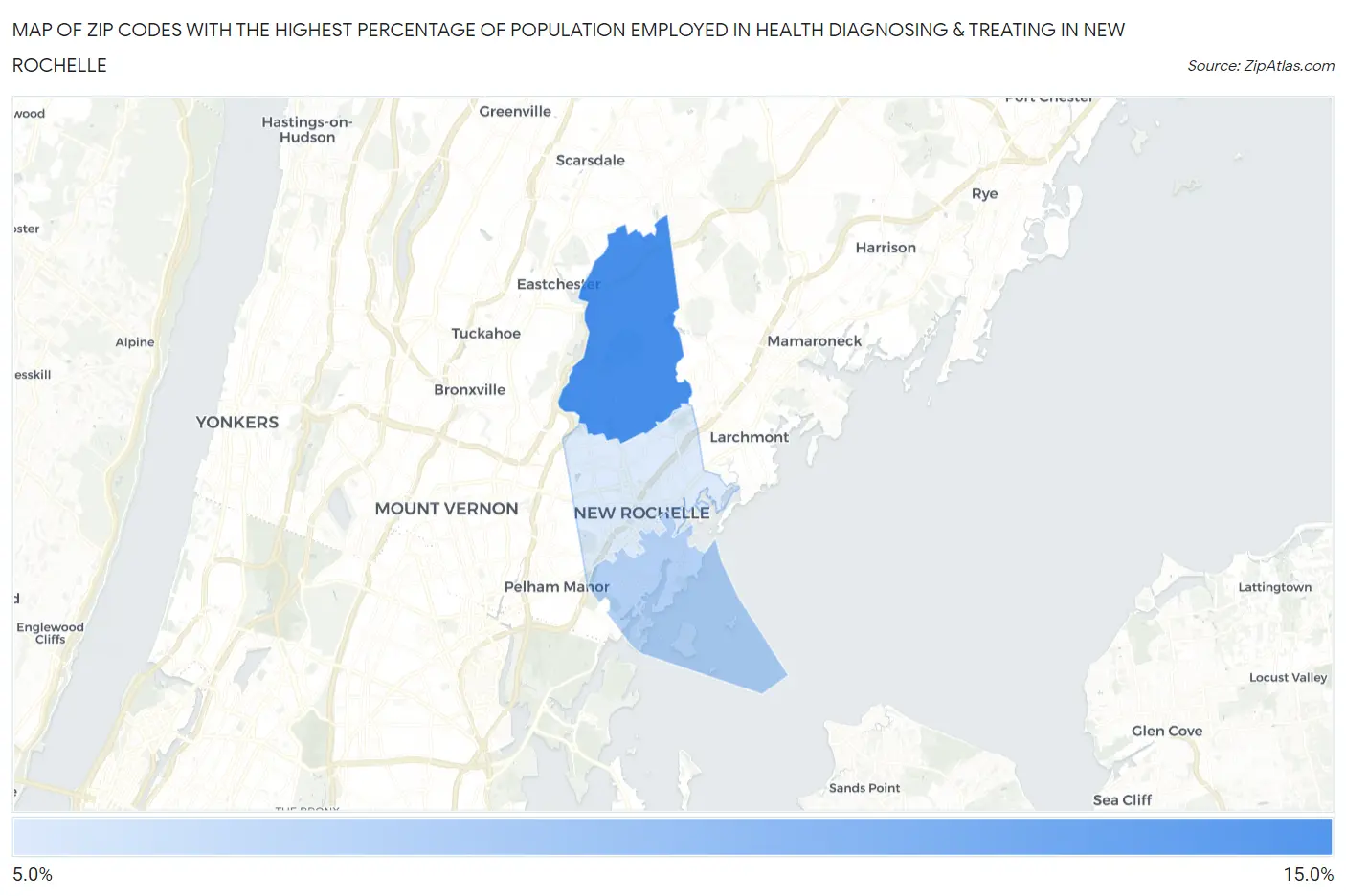 Zip Codes with the Highest Percentage of Population Employed in Health Diagnosing & Treating in New Rochelle Map