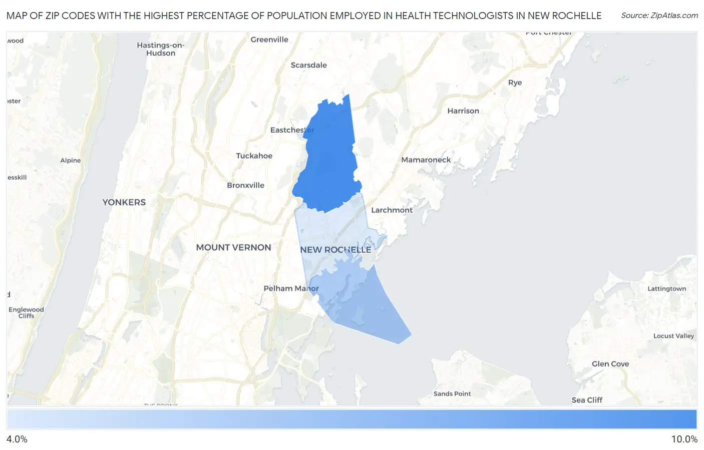 Zip Codes with the Highest Percentage of Population Employed in Health Technologists in New Rochelle Map