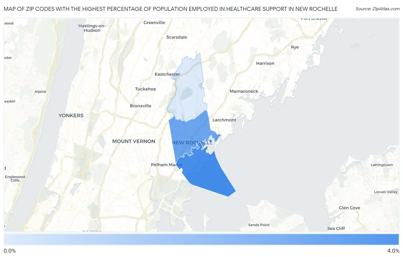 Zip Codes with the Highest Percentage of Population Employed in Healthcare Support in New Rochelle Map