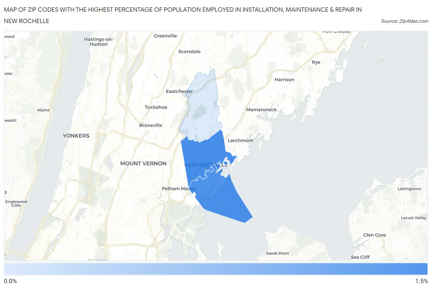 Zip Codes with the Highest Percentage of Population Employed in Installation, Maintenance & Repair in New Rochelle Map