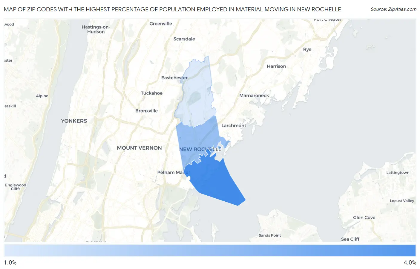 Zip Codes with the Highest Percentage of Population Employed in Material Moving in New Rochelle Map