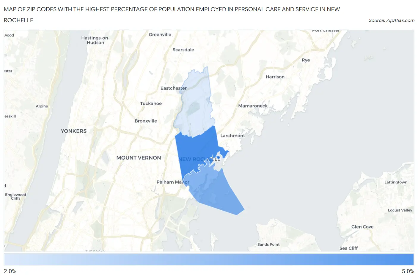 Zip Codes with the Highest Percentage of Population Employed in Personal Care and Service in New Rochelle Map