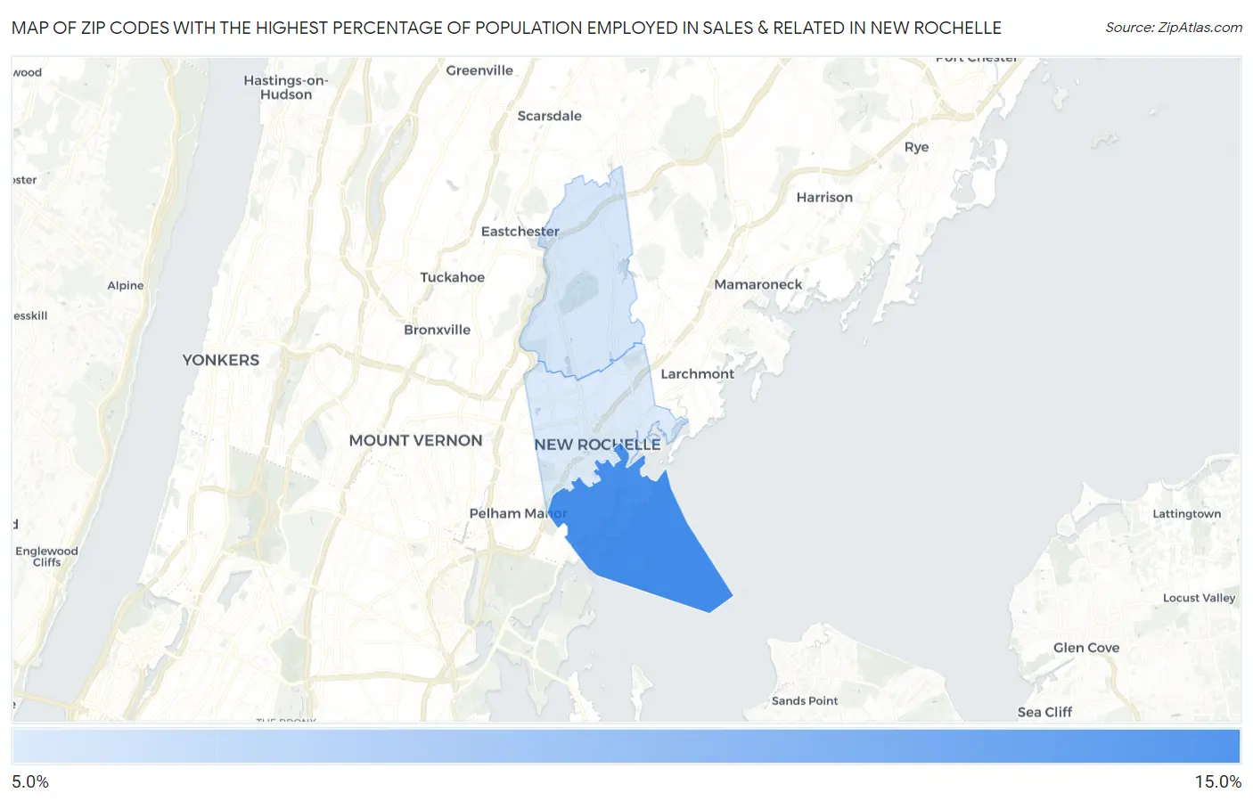 Zip Codes with the Highest Percentage of Population Employed in Sales & Related in New Rochelle Map