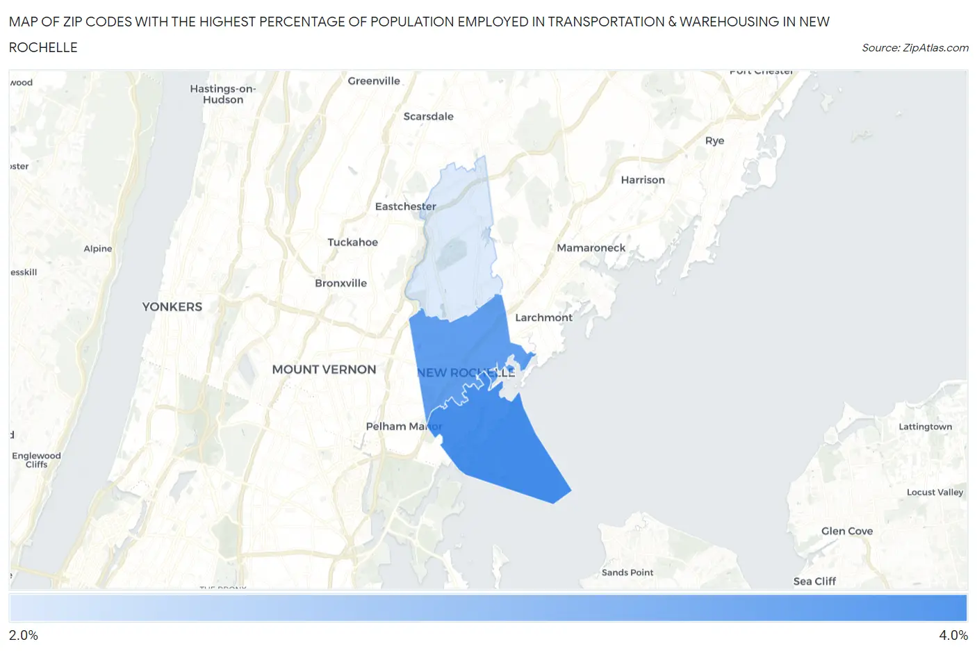 Zip Codes with the Highest Percentage of Population Employed in Transportation & Warehousing in New Rochelle Map