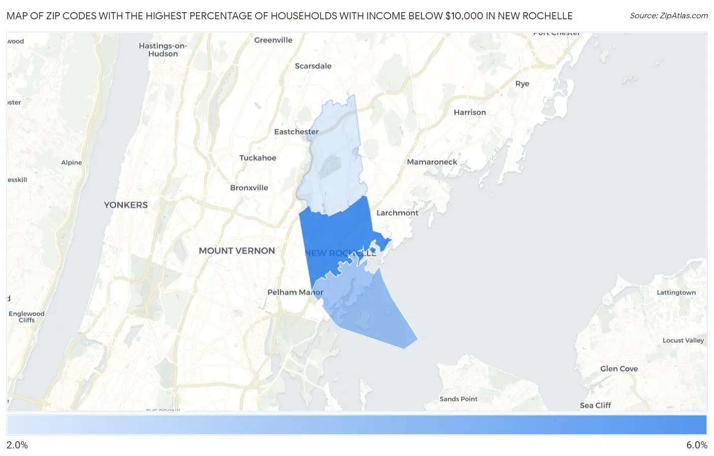 Zip Codes with the Highest Percentage of Households with Income Below $10,000 in New Rochelle Map