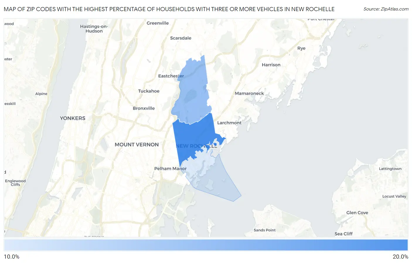 Zip Codes with the Highest Percentage of Households With Three or more Vehicles in New Rochelle Map