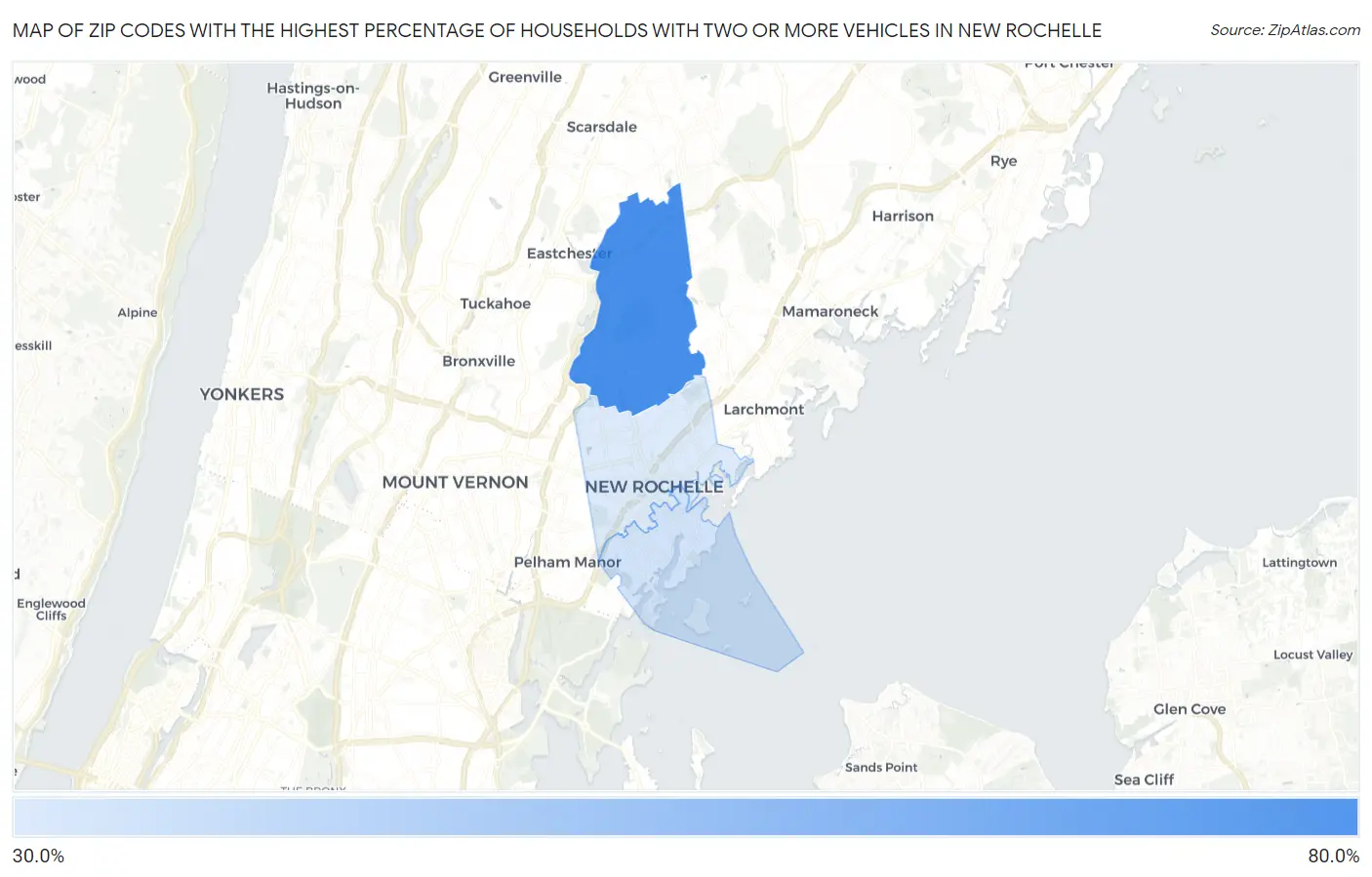 Zip Codes with the Highest Percentage of Households With Two or more Vehicles in New Rochelle Map