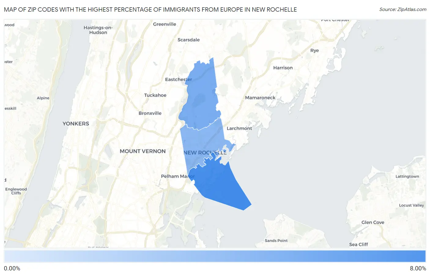Zip Codes with the Highest Percentage of Immigrants from Europe in New Rochelle Map