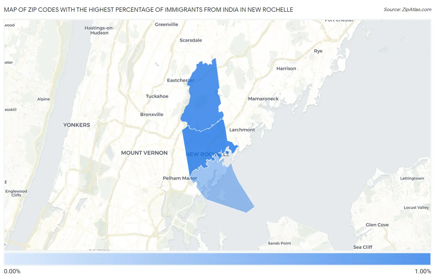 Zip Codes with the Highest Percentage of Immigrants from India in New Rochelle Map