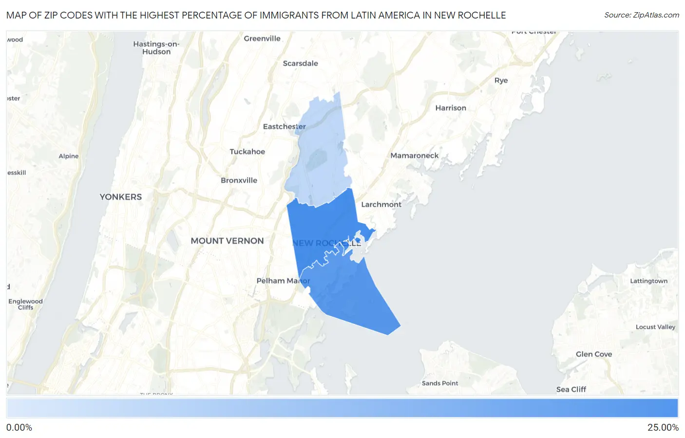 Zip Codes with the Highest Percentage of Immigrants from Latin America in New Rochelle Map