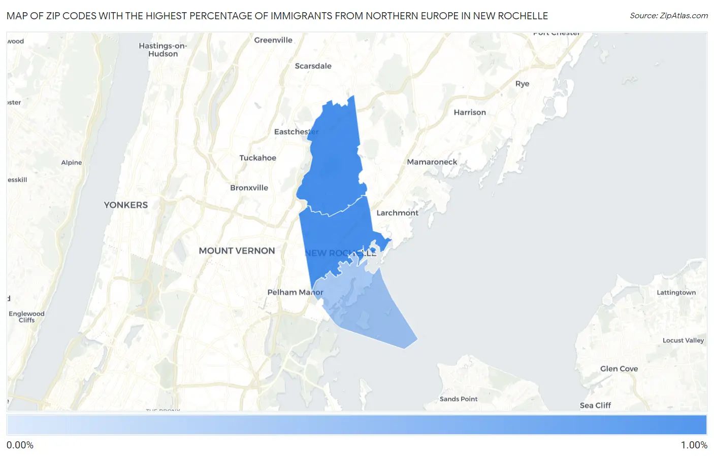 Zip Codes with the Highest Percentage of Immigrants from Northern Europe in New Rochelle Map