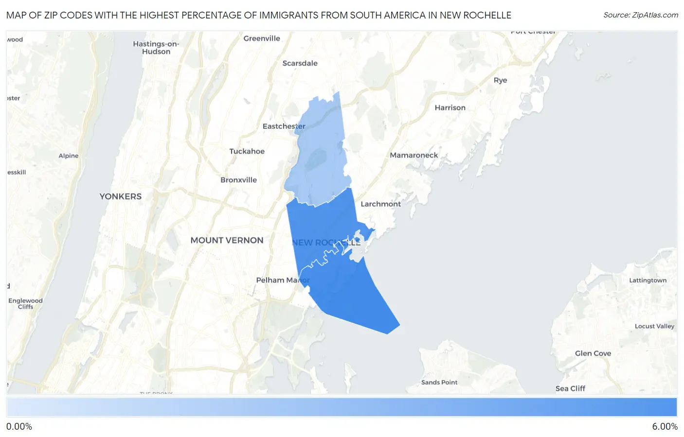 Zip Codes with the Highest Percentage of Immigrants from South America in New Rochelle Map