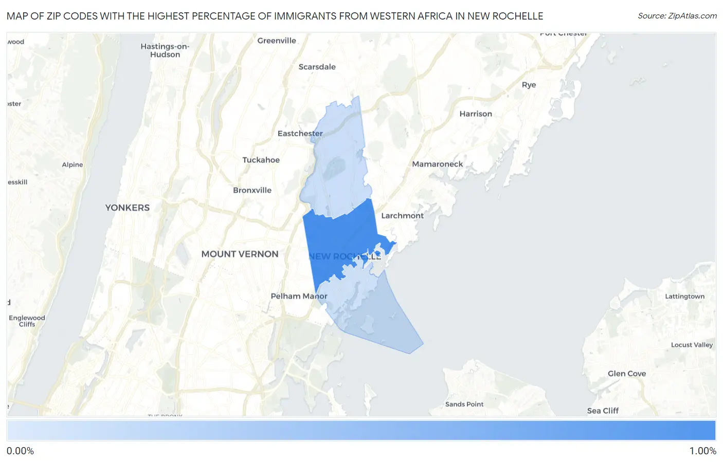 Zip Codes with the Highest Percentage of Immigrants from Western Africa in New Rochelle Map