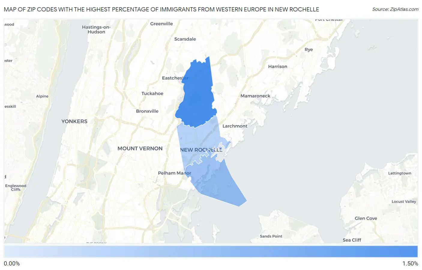 Zip Codes with the Highest Percentage of Immigrants from Western Europe in New Rochelle Map