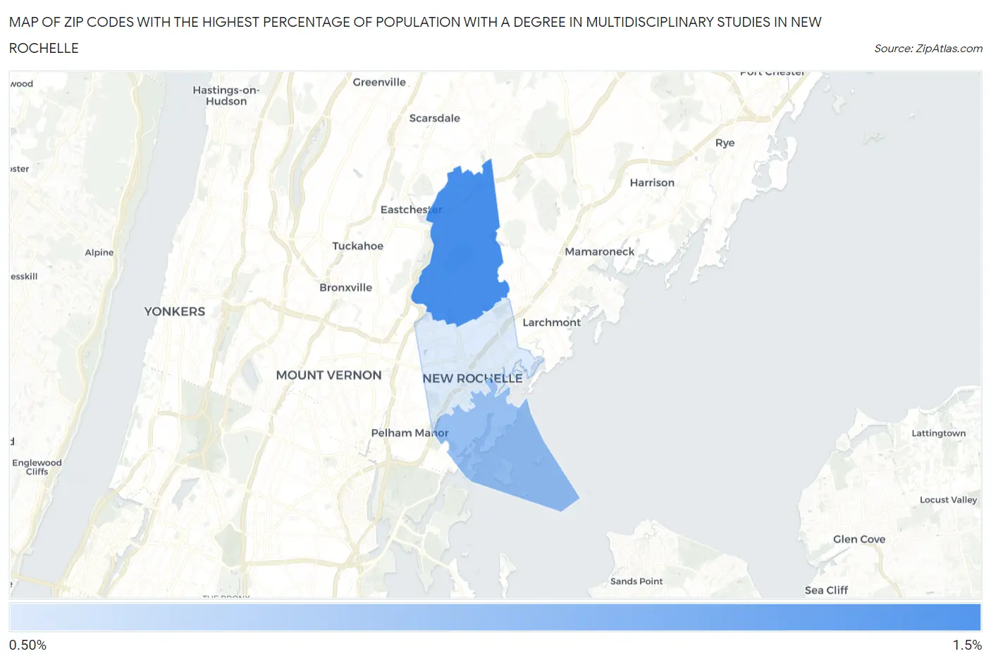 Zip Codes with the Highest Percentage of Population with a Degree in Multidisciplinary Studies in New Rochelle Map