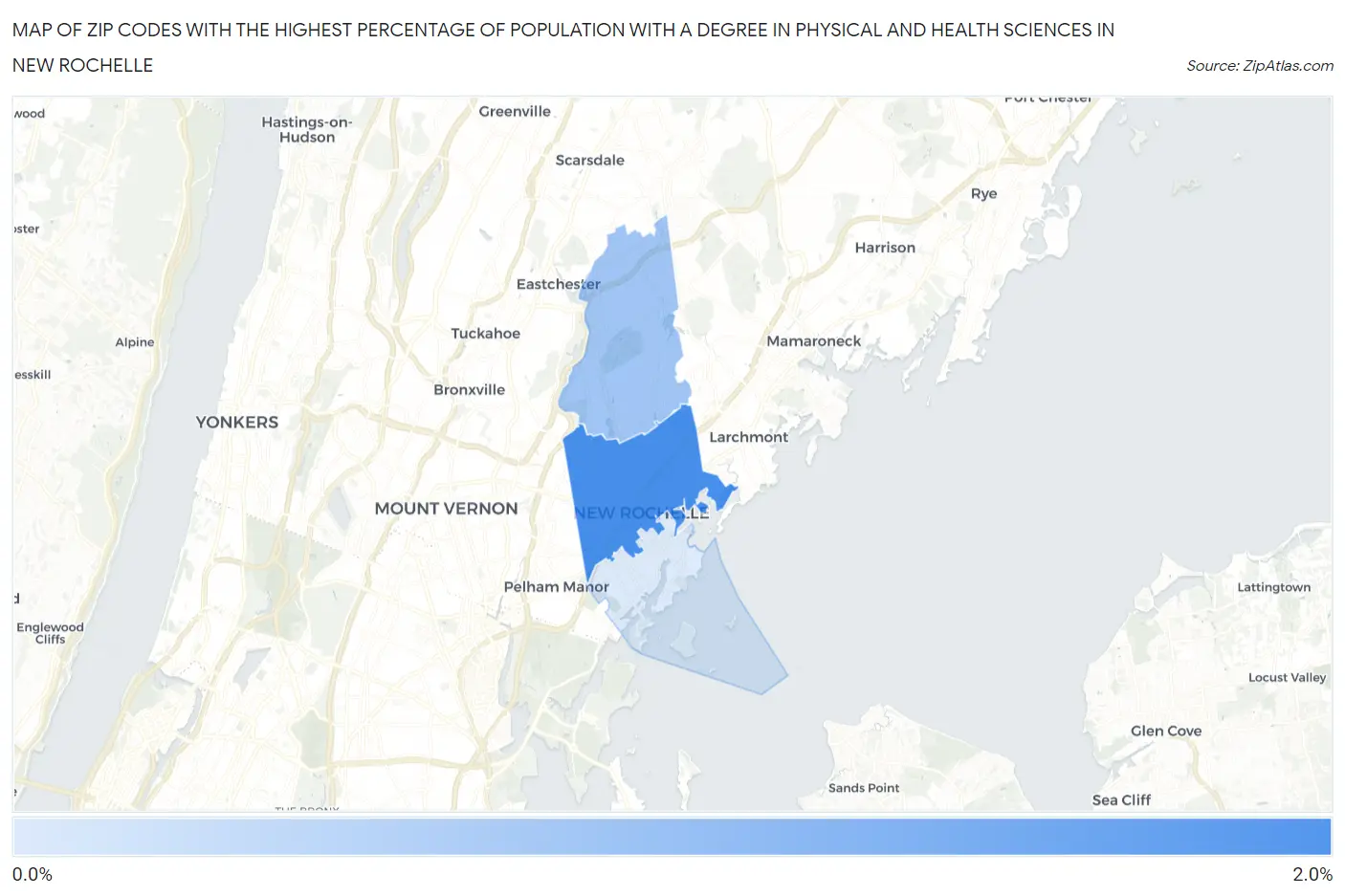 Zip Codes with the Highest Percentage of Population with a Degree in Physical and Health Sciences in New Rochelle Map