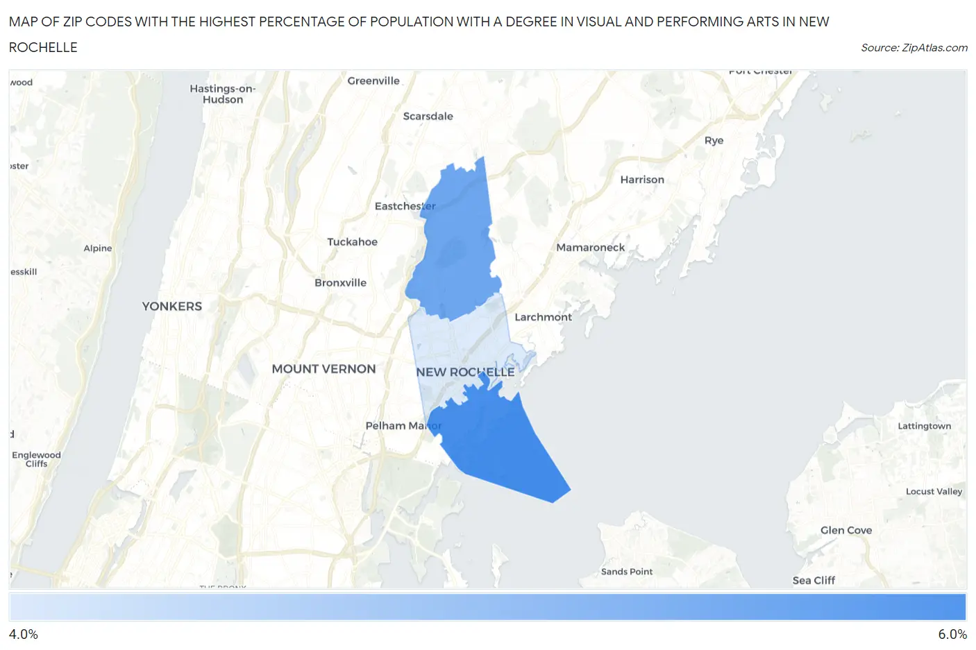 Zip Codes with the Highest Percentage of Population with a Degree in Visual and Performing Arts in New Rochelle Map