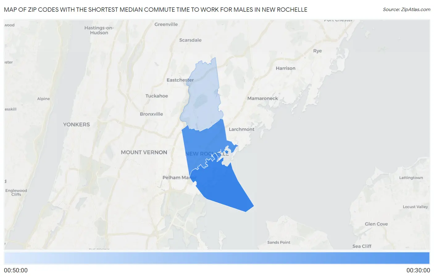 Zip Codes with the Shortest Median Commute Time to Work for Males in New Rochelle Map