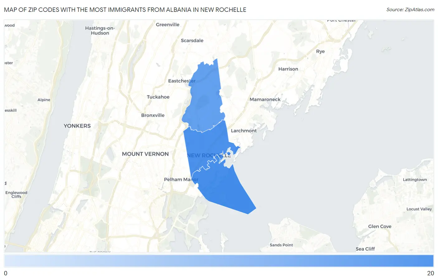 Zip Codes with the Most Immigrants from Albania in New Rochelle Map