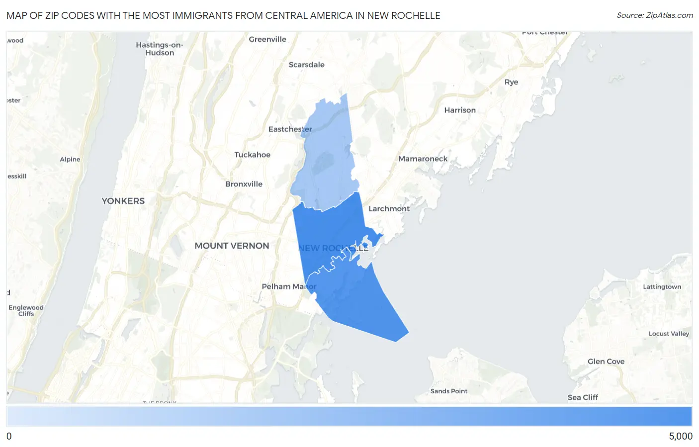 Zip Codes with the Most Immigrants from Central America in New Rochelle Map